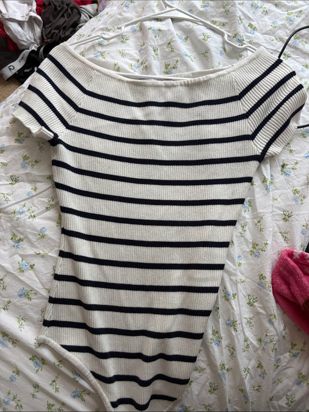 Sweet Rain White and Black Striped Off-the-Shoulder Bodysuit